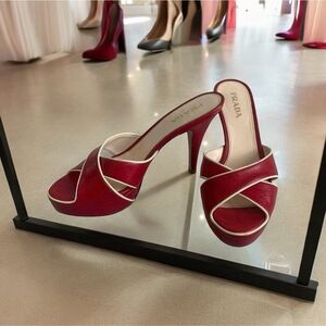 Prada Vitello Raspberry Beige Leather Platform Peep Toe High Heel Sandals